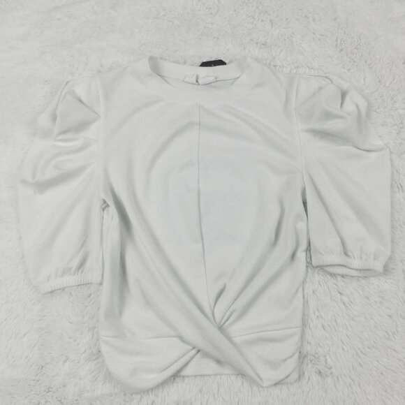 Melrose And Market Womens Blouse White Puff Sleeve Crew Neck Twist Front XXS New - Picture 1 of 7